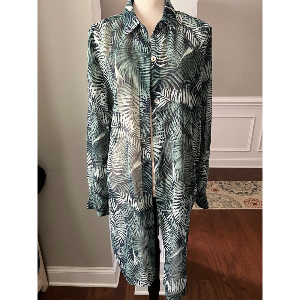 Coldwater Creek Tropical Leaf Flowing Sheer Tunic Duster Blouse Sz L